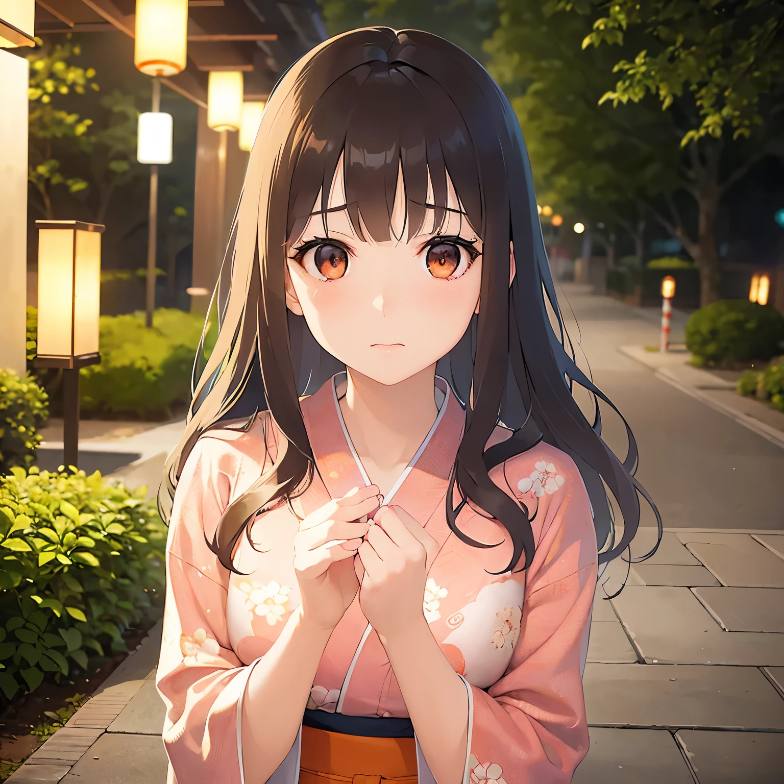 looking up, Biologically correct five fingers、A close-up of your face、Realistic, real person, (pale skin: 1.2), RAW photo, photorealistic, shiny skin, shiny hair、(25 year old woman with bangs) and (wavy hair) and (brown hair) and (orange eyes) , (yukata) and (pink) and (Floral patterns)、(sad:1.3), The background is a Japanese park at night、Alone、Are standing