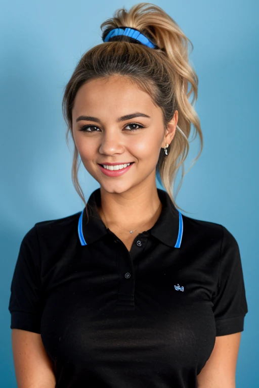 close up portrait photograph of ash1ynn, a woman with a black polo shirt smiling for a picture in a studio photo with (a blue background:1.3), hair in a ponytail, id photo, high school background, depth of field, f22,  detailed skin texture, (blush:0.5), (goosebumps:0.5), subsurface scattering