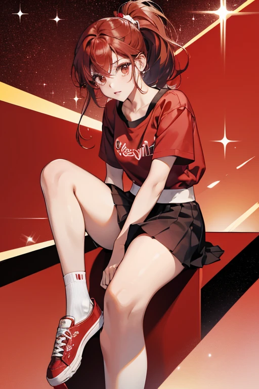 Mina with dark red hair in the form of a ponytail. Her attire is a red shirt with a skirt and white socks with red shoes. SPARKLE; GLITTER