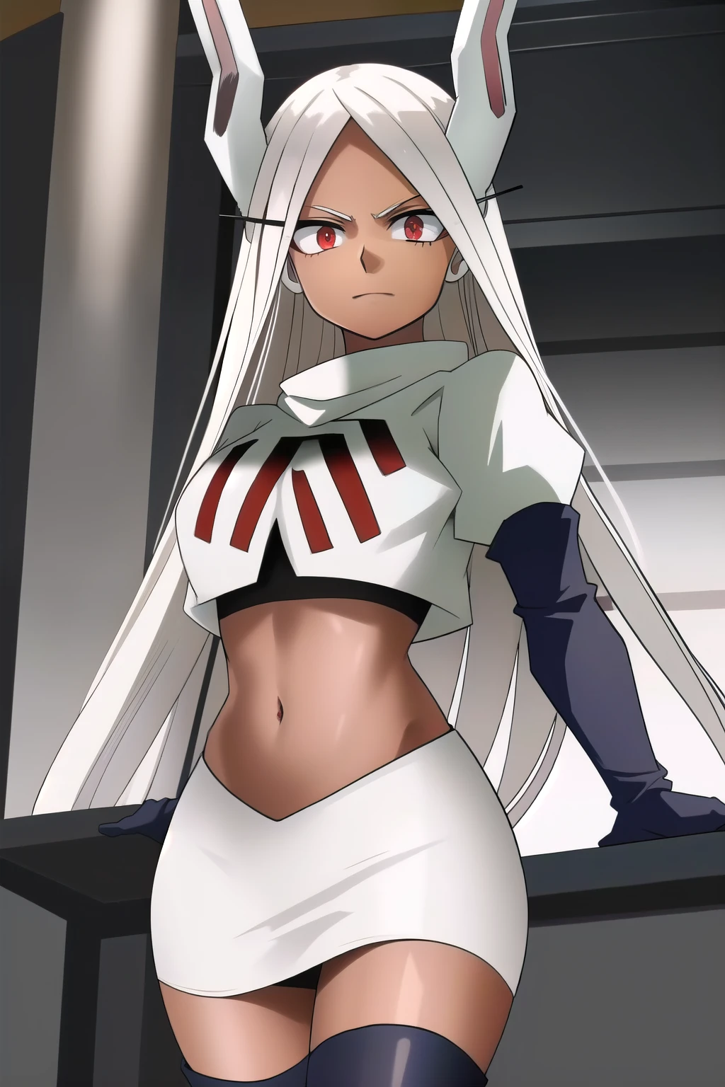 ((best quality)), ((highly detailed)), masterpiece, (detailed eyes, deep eyes), (1girl), (cowboy shot), mirkomha, boku no hero academia, white hair, very long hair, (red eyes), ((dark skin:1.3)), muscular female, rabbit ears, large breasts, team rocket,team rocket uniform,white skirt,red letter R,crop top,black thigh-highs,black elbow gloves