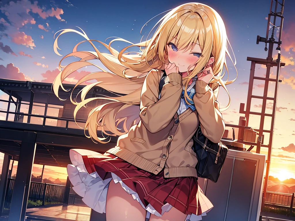 Top quality, 1 beautiful girl, junior high school student, Blonde, Medium Hair, Wavy Hair, Hair blowing in the wind, standard weight, happy, blush, Cardigan, frill skirt, sunset, (station platform), beautiful scene, cowboy shot