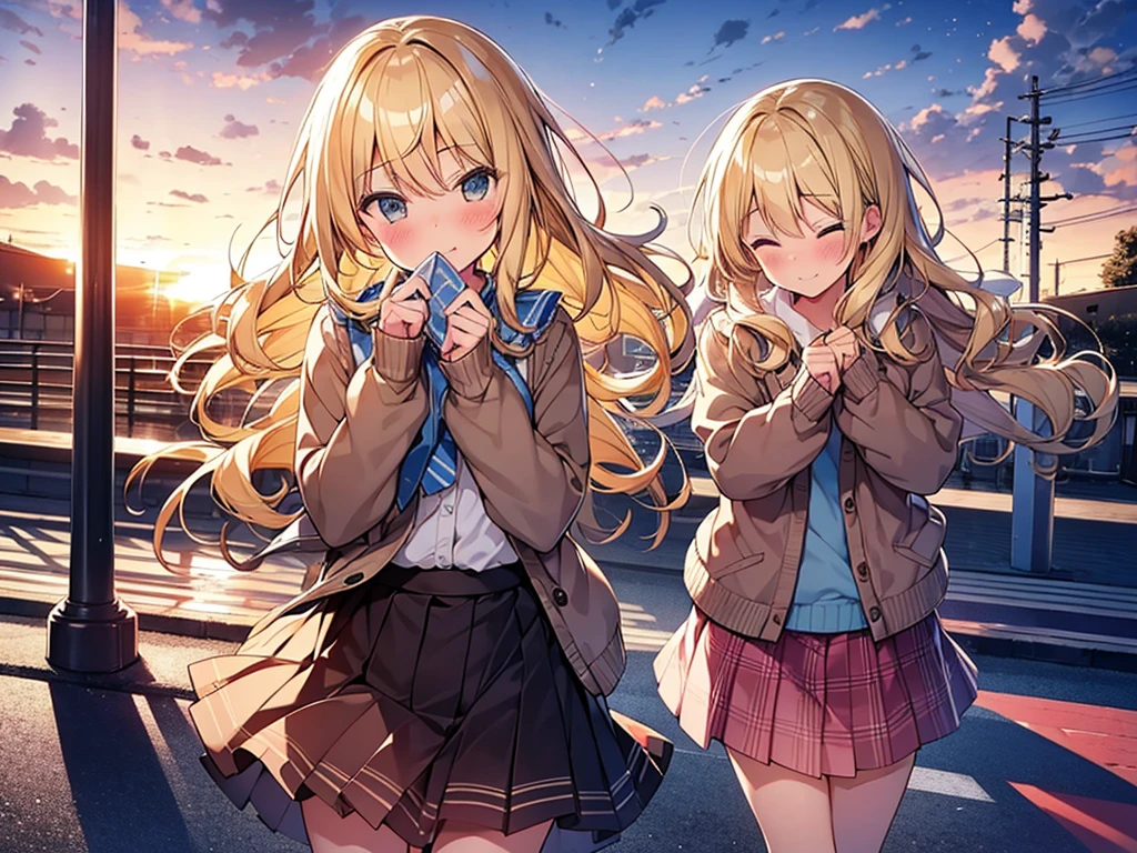 Top quality, 1 beautiful girl, junior high school student, Blonde, Medium Hair, Wavy Hair, Hair blowing in the wind, standard weight, happy, blush, Cardigan, frill skirt, sunset, (station platform), beautiful scene, cowboy shot