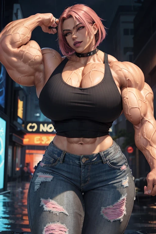 ((((Massive, beautiful, buff, soaking wet, light brown skinned, muscular woman with wet shocking pink hair, black lipstick, ginormous bulky muscles, flexing her biceps and wearing a tight black tank top and denim pants)))), close view, massive muscles, massive biceps, hyper muscle triceps, (angled bob cut), red eyes, fingerless gloves, high heels boots, (in a heavily rainy street), night, smug smile, hyper muscles arms, hyper muscle legs, massive arms.