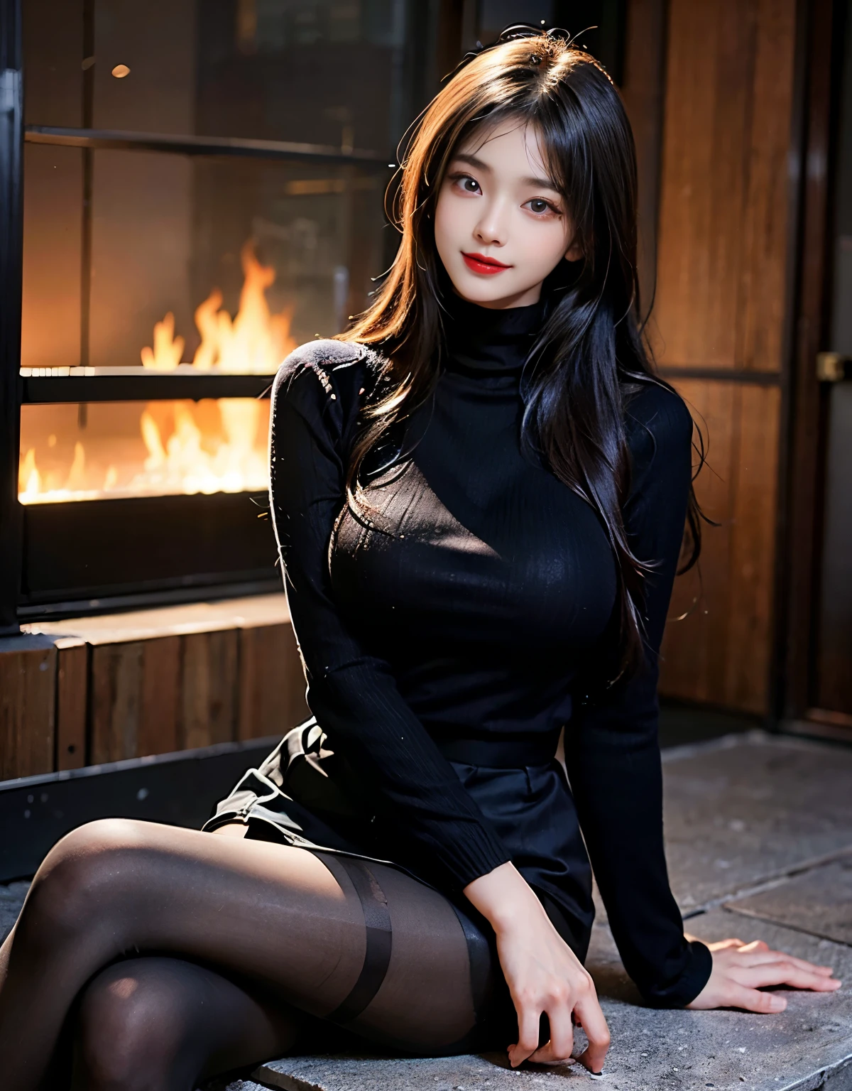 (8K high image quality), (top-quality), (RAW image quality),Photorealistic light and shadow,Realistic skin details,(Super Detail), long flowing black hair, 1-girl, Cute,Beautiful detailed eyes, beautiful detailed nose ,High image quality, excellent details, Ultra-high resolution, smiling, slender, pleated skirt, tight black turtleneck sweater, thin, hourglass shape, red lipstick, big breasts, pantyhose, large breasts, beautiful Japanese woman, full body shot, crossed legs, eye contact, large breasts in a very tight black sweater
