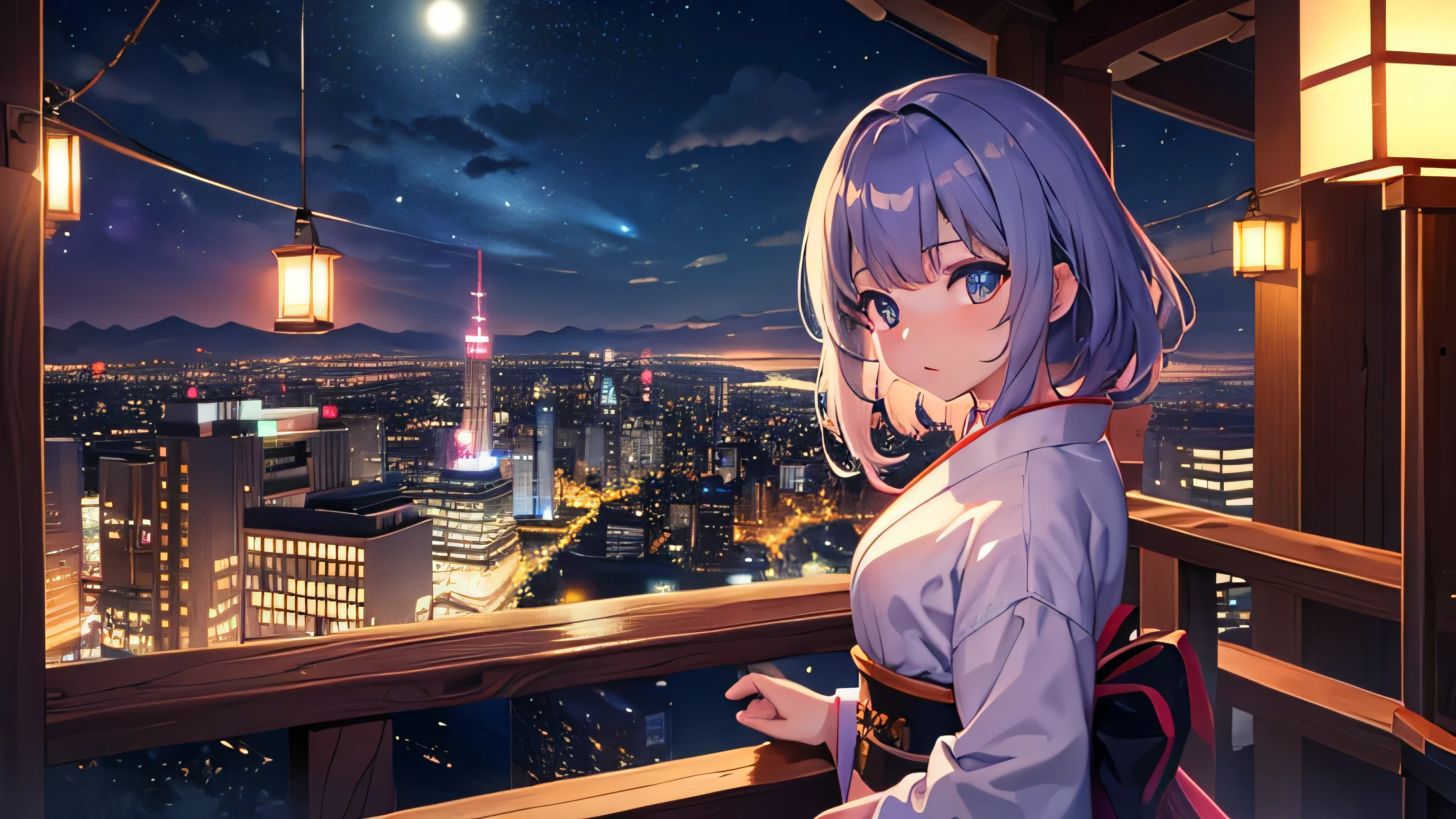 Young girl looking at the night view。profile。Background Main。The lights of the city are beautiful。Japanese anime style。2.5D。high quality。