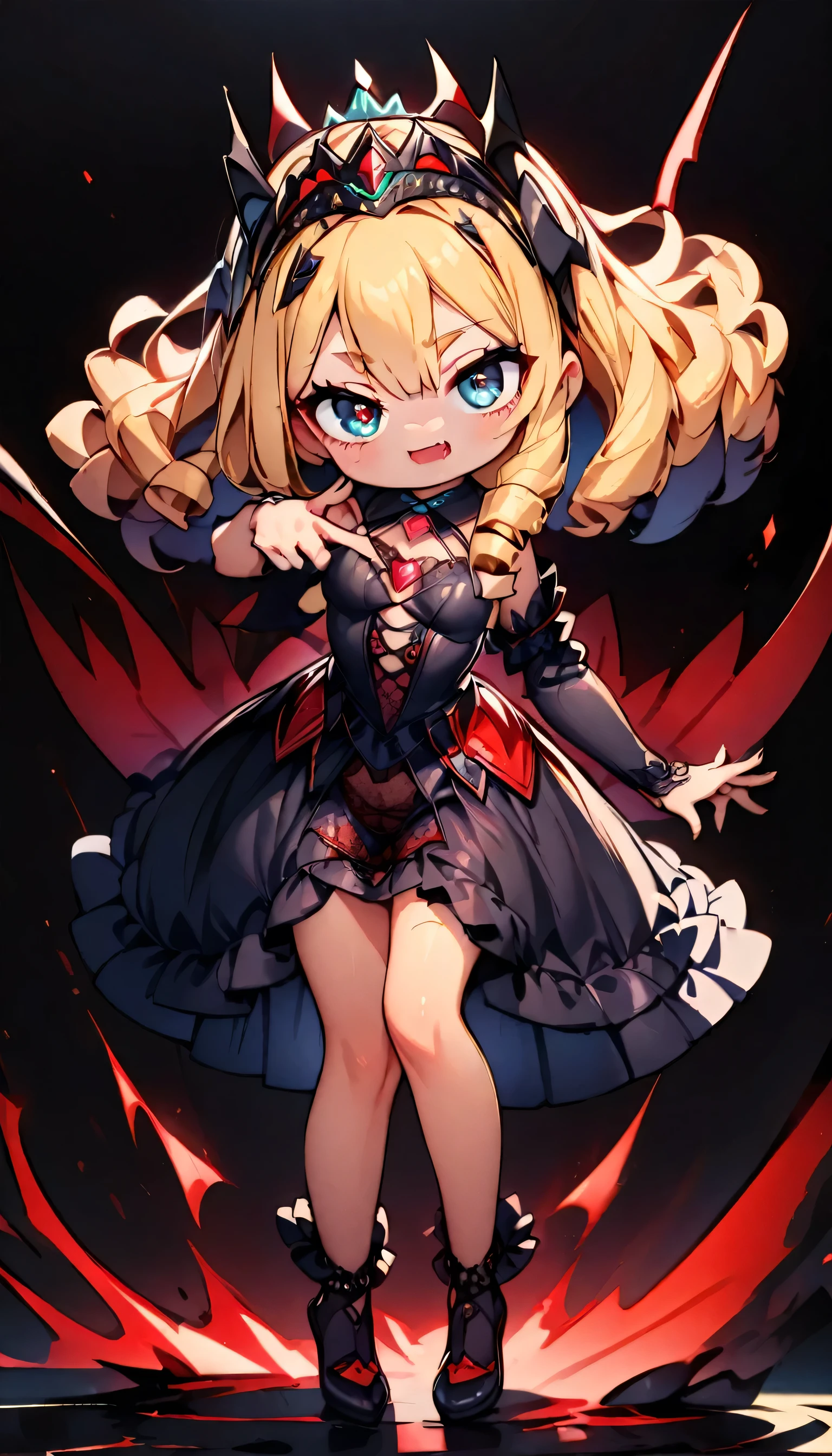 masterpiece, best quality, extremely detailed, high resolution, Japanese anime,1girl, blonde hair, (medium length hair:1.4), side braid hair, curly hair, wavy hair, drill hair, curl outward hair, mechanical horn, mechanical devil wing, fang, succubus,(vampire:1.2), (blue eyes:1.5), (beautiful detailed eyes:1.4), laugh, 130cm tall, original character, fantasy, (black background:1.2), (full body:1.8), beautiful fingers, standing, (black red lace frill dress:1.5), (bejeweled tiara:1.5) , shoot from front, looking at viewer