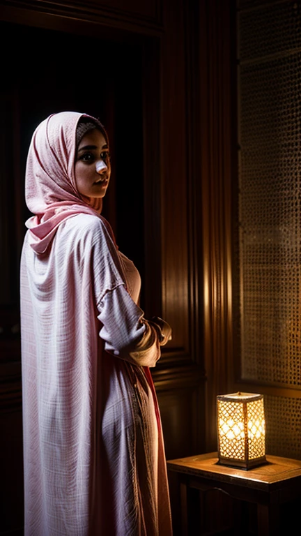 a gorgeous girl in an Islamic pink caftan marocain, back light, dark room, detailed detail, best quality, 