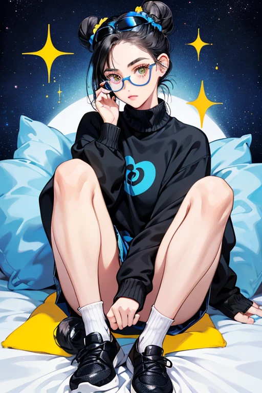 Phoebe has a huge bun of black hair at the top of her head bound by a small yellow scrunchie, and wears large cat-eye glasses with blue monochromatic lenses, a blue sweater that is too long for her (which covers what she's wearing for a bottom) and matching shoes. SPARKLE; GLITTER