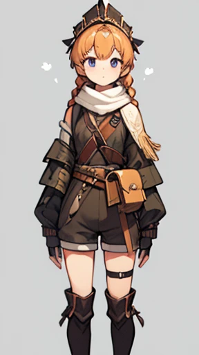 Victorian style, British background, full body picture, figure, Standing image,Full body picture,figure设定图,Three views of charactermorpg,Apricot hair,High Ponytail,Braiding,Holding a bow and arrow,Archer,1 girl,Imperial sister body type,Waist bag,Shooter,Western Fantasy Adventure,西幻Archer,Brown shorts,Feather headdress,Thigh-high boots that go above the knee,Arm Guard,Glove finger guard,travelling poet,Tassel-decorated ethnic scarf,Bow pulling pose,Hooded camouflage cape。