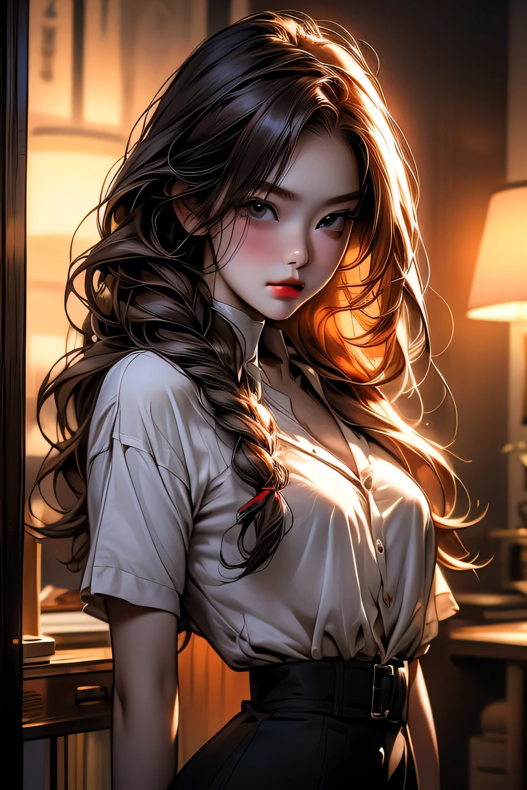 Portrait of a beautiful 18 year old girl, Redhead, Gorgeous Chinese, Wearing a cotton garter set, At the entrance, (dark private office, Dark and gloomy light: 1.2), masterpiece, 最high quality, high quality, High resolution,, Braided hair、