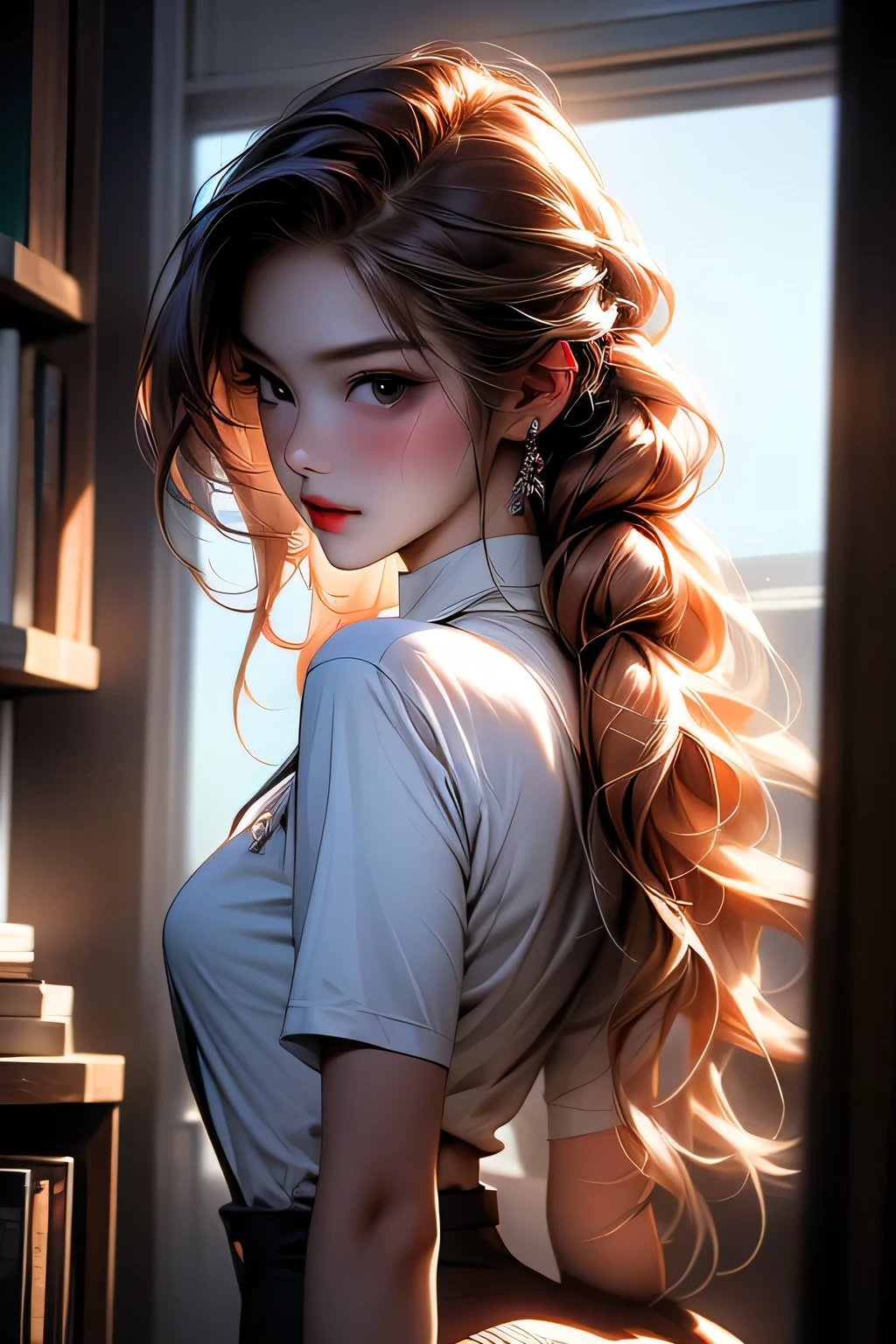 Portrait of a beautiful 18 year old girl, Redhead, Gorgeous Chinese, Cotton panties, At the entrance, (dark private office, Dark and gloomy light: 1.2), Portrait、masterpiece, 最high quality, high quality, High resolution,, Braided hair、
