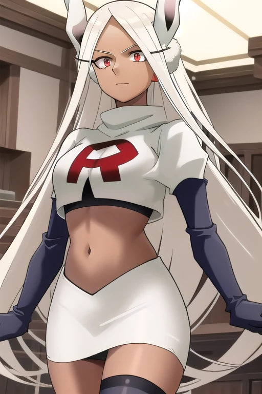 ((best quality)), ((highly detailed)), masterpiece, (detailed eyes, deep eyes), (1girl), (cowboy shot), mirkomha, boku no hero academia, white hair, very long hair, (red eyes), ((dark skin:1.3)), muscular female, rabbit ears, large breasts, team rocket,team rocket uniform,white skirt,red letter R,crop top,black thigh-highs,black elbow gloves