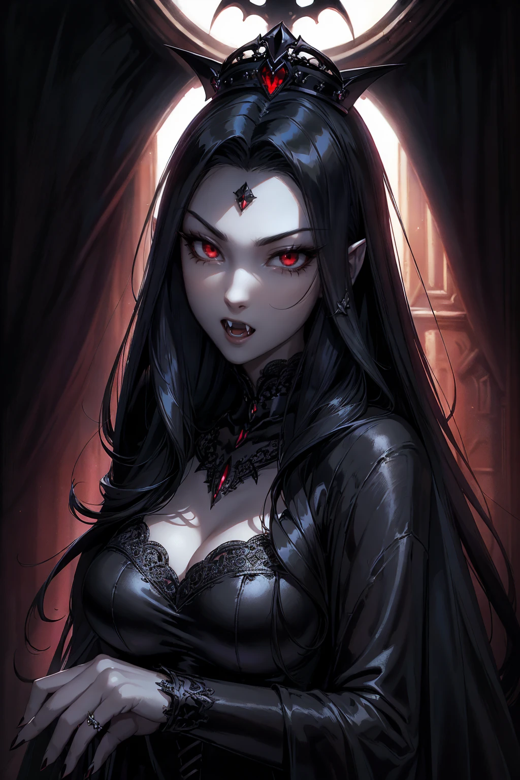 absurdres, ((stunning female Vampire))), goth Renaissance, (long black hair:1.erfect and detailed angular sharp oval shaped face, ((redeyes)), jewelry, red and black tetradic colors, full lips, gothic castle background, (solo), perfect anatomy, approaching perfection, ethereal, intricate details, ultra-high definition, 12k resolution, goth aesthetic, smooth, sharp focus, dreamy, glowing, backlit, glamour, glimmer, fantastical, shadows, smooth, Gothic crown, illustration