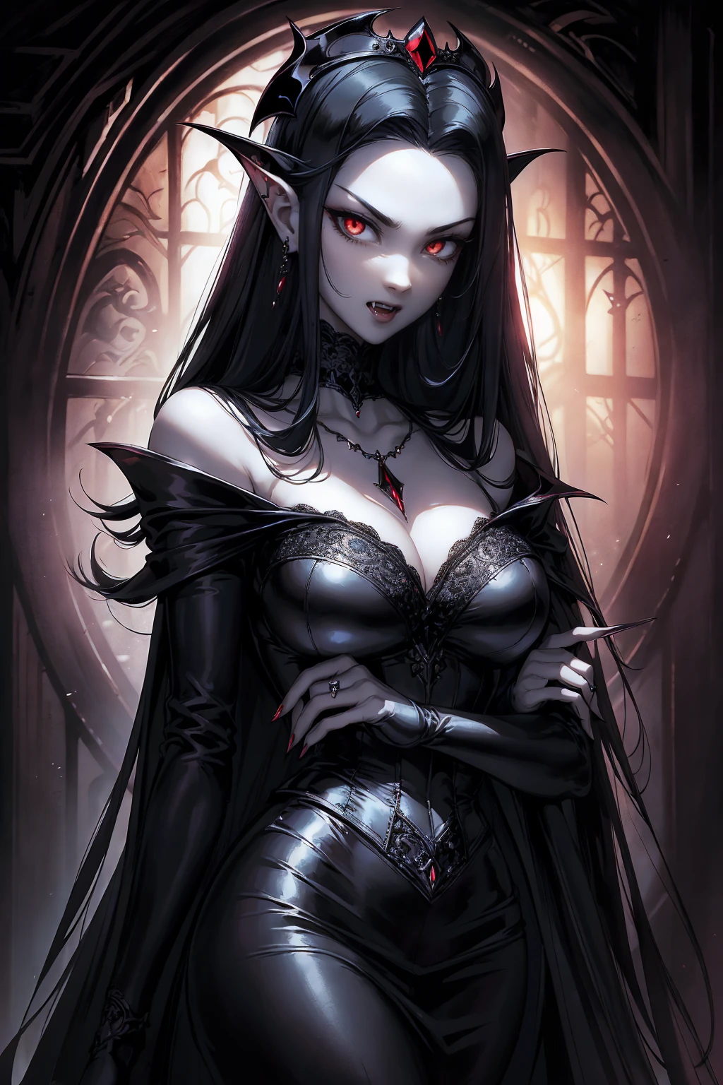 absurdres, ((stunning female Vampire))), goth Renaissance, (long black hair:1.erfect and detailed angular sharp oval shaped face, ((redeyes)), jewelry, red and black tetradic colors, full lips, gothic castle background, (solo), perfect anatomy, approaching perfection, ethereal, intricate details, ultra-high definition, 12k resolution, goth aesthetic, smooth, sharp focus, dreamy, glowing, backlit, glamour, glimmer, fantastical, shadows, smooth, Gothic crown, illustration