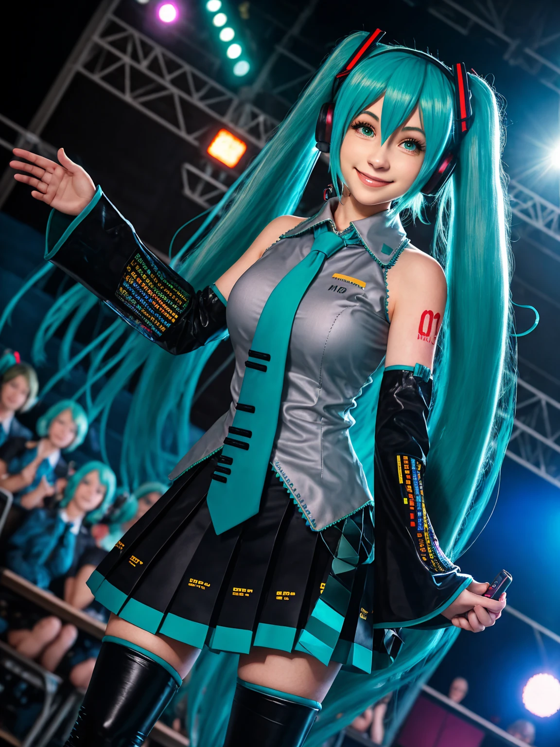 best quality, masterpiece, Practical, photoPractical, 1 Girl, Solitary, 看着audience, Smile, permanent, whole body, Hatsune Miku role play costume, Hatsune Miku, role play, Light green hair, Double tail, Very long hair, Hair accessories, earphone, earphone, shirt, skirt, pleated skirt, tie, aqua tie, Separate sleeves, Tattoo, Over the knee boots, In stage, audience, band, 