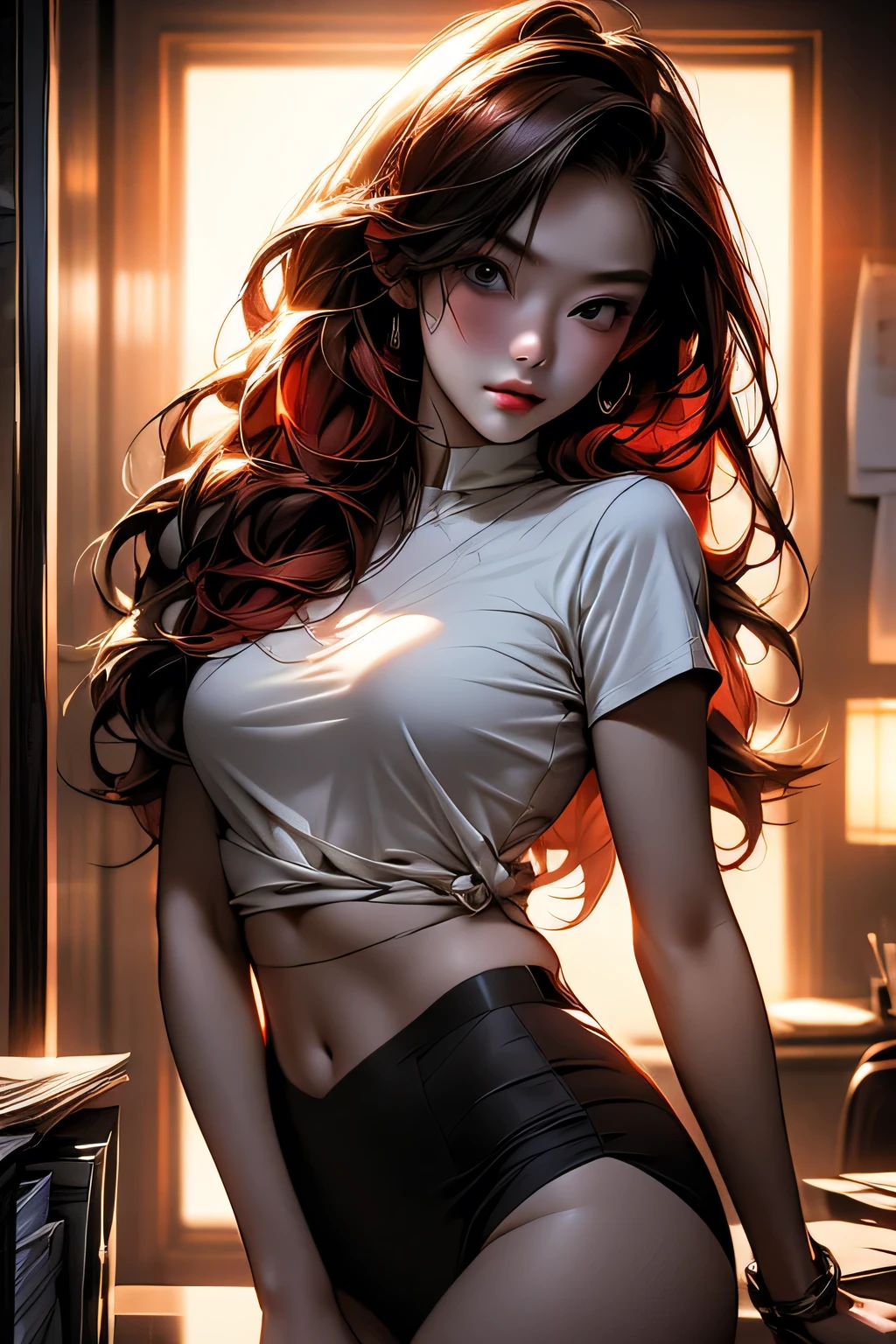 Portrait of a beautiful 18 year old girl, Redhead, Gorgeous Chinese, Cotton panties, At the entrance, (dark private office, Dark and gloomy light: 1.2)