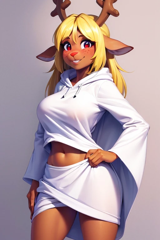 (noelle, furry female anthro, blonde hair, deer girl, red deer nose, white eyes, white pupils, white robe, hooded robe, big breasts, midriff), hands on hips, green neon city, smiling, winking, blushing