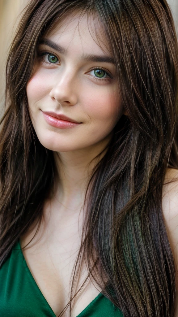 Beautiful brunette, smirk, green eyes, long hair, front face