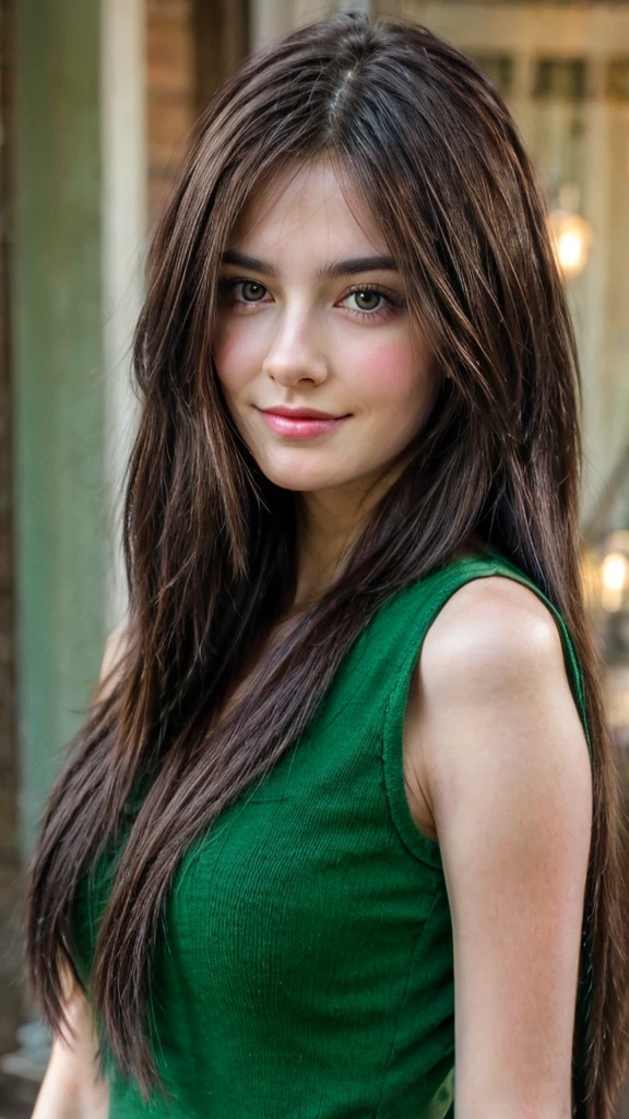 Beautiful brunette, smirk, green eyes, long hair, front face