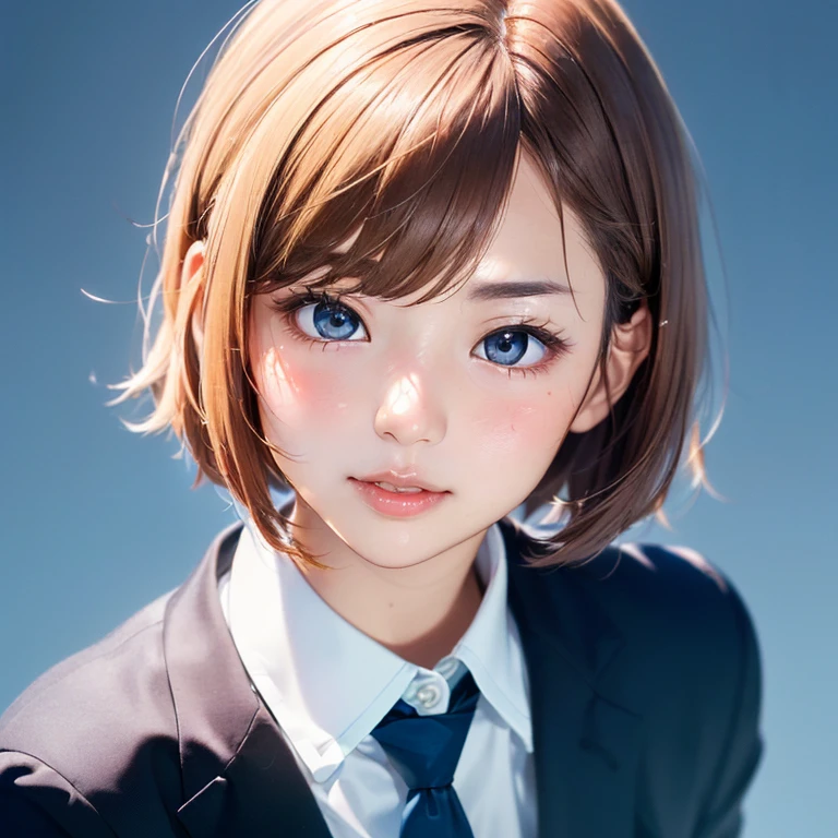 (kawaii 24 year-old Japanese girl, Nogizaka idol, Korean idol), (glossy hair, very short hair, bangs:1.3), (beautiful black eyes, rounded face, single eyelid, no makeup, naughty AND noseblush, almost closed eyes, half opened mouth:1.3), (wearing suit jacket, collared shirt, necktie:1.3), (extra small breasts:0.9), (looking at camera:1.3), BREAK, (simple blue background:1.3), (view from forward, bust shot:1.3), BREAK, (masterpiece, best quality, photo realistic, official art:1.4), (UHD, 8K quality wallpaper, high resolution, raw photo, golden ratio:1.3), (shiny skin), professional lighting, physically based rendering, award winning, (highly detailed skin, extremely detailed face and eyes), Carl Zeiss 85 mm F/1.4, depth of field, 1girl, solo,