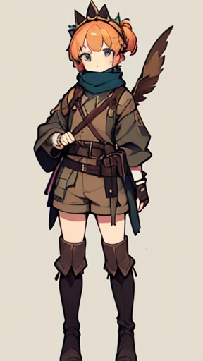 Victorian style, British background, full body picture, figure, Standing image,Full body picture,figure设定图,Three views of charactermorpg,Apricot hair,High Ponytail,Braiding,Holding a bow and arrow,Archer,1 girl,Imperial sister body type,Waist bag,Shooter,Archery,Western Fantasy Adventure,西幻Archer,Brown shorts,Feather headdress,Thigh-high boots that go above the knee,Arm Guard,Glove finger guard,travelling poet,Tassel-decorated ethnic scarf,Bow pulling pose,Hooded camouflage cape。