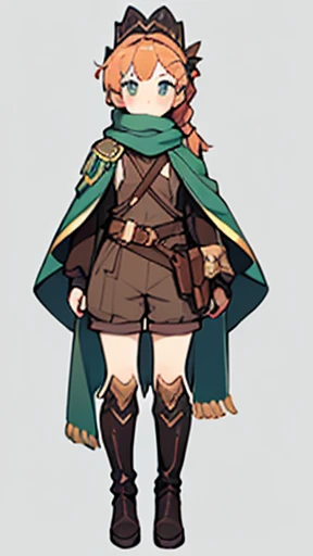 Victorian style, British background, full body picture, figure, Standing image,Full body picture,figure设定图,Three views of charactermorpg,Apricot hair,High Ponytail,Braiding,Holding a bow and arrow,Archer,1 girl,Imperial sister body type,Waist bag,Shooter,Archery,Western Fantasy Adventure,西幻Archer,Brown shorts,Feather headdress,Thigh-high boots that go above the knee,Arm Guard,Glove finger guard,travelling poet,Tassel-decorated ethnic scarf,Bow pulling pose,Hooded camouflage cape。