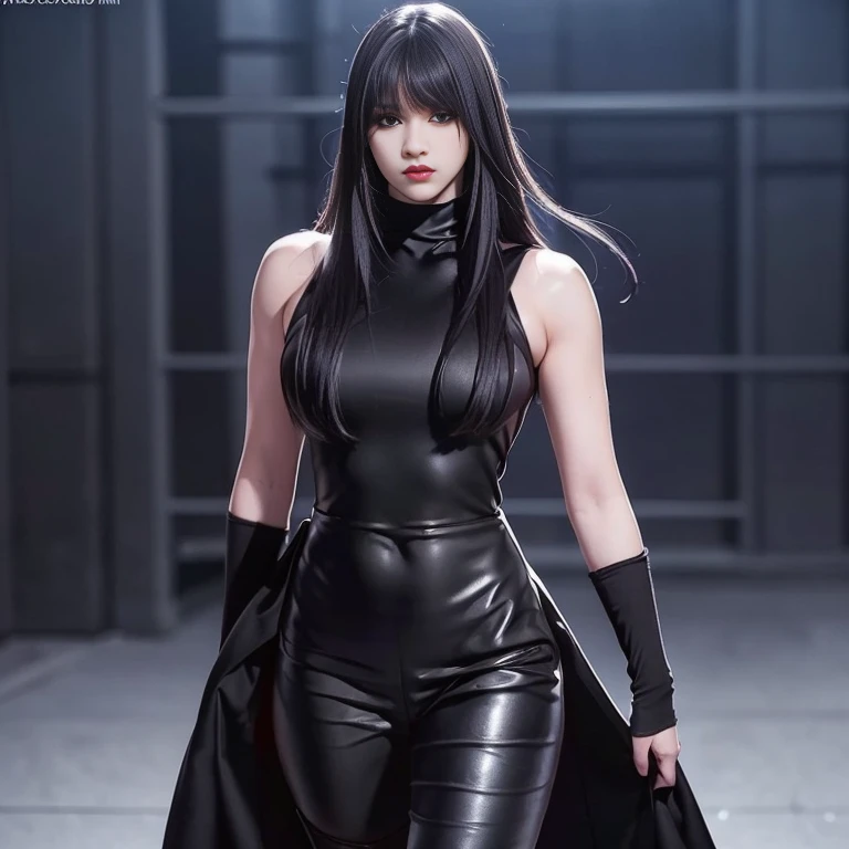 hyper realistic, 16k, best quality, masterpiece, (photorealistic:1.4), 1girl (alone), solo. Pretty young. Gothic aesthetic, goth makeup, black silky hair (realistic texture), hair fringe,  realistic eyes, pele-white skin, illuminated skin, realistic shading, (modern) black gothic dress (realistic textures), big hips, tights. waist up, dramatic lighting, from below, front, front view, multiple different poses at different angles, glowing skin, front, back lighting, athletic figure, muscular female, curvy, wide hips, colorful, looking at viewer, Hyperrealistic, gradient background, dark background, outline, cinematic lighting, (chromatic aberration, intricate details)