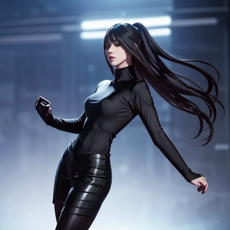 hyper realistic, 16k, best quality, masterpiece, (photorealistic:1.4), 1girl (alone), solo. Pretty young. Gothic aesthetic, goth makeup, black silky hair (realistic texture), hair fringe,  realistic eyes, pele-white skin, illuminated skin, realistic shading, (modern) black gothic dress (realistic textures), big hips, tights. waist up, dramatic lighting, from below, front, front view, multiple different poses at different angles, glowing skin, front, back lighting, athletic figure, muscular female, curvy, wide hips, colorful, looking at viewer, Hyperrealistic, gradient background, dark background, outline, cinematic lighting, (chromatic aberration, intricate details)