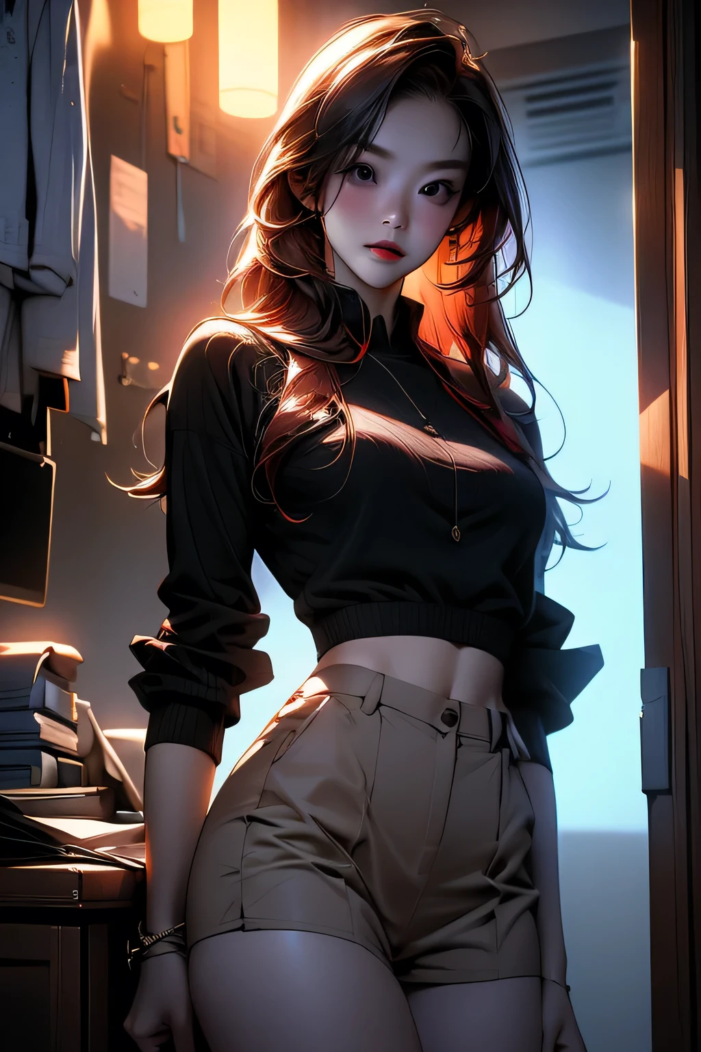 Portrait of a beautiful 18 year old girl, Redhead, Gorgeous Chinese, Cotton panties, At the entrance, (dark private office, Dark and gloomy light: 1.2)