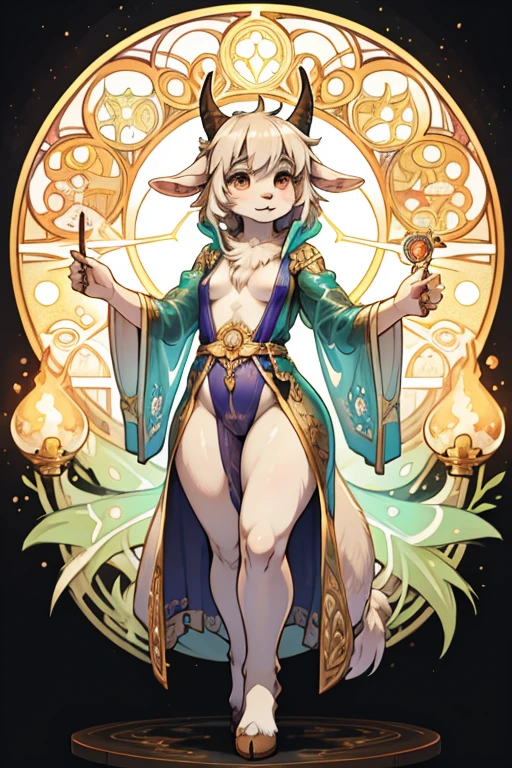 (Mucha style:1.1) , hairy Short stature goat girl , (realistic hairy fur:1.2) , round face , (tilt face:1.2) ,  round eyes , Swollen cheeks , glossy lips , in the fantasy , floating body , Alchemist , (transparent stick robe) , dynamic pose , put Small breasts on hands