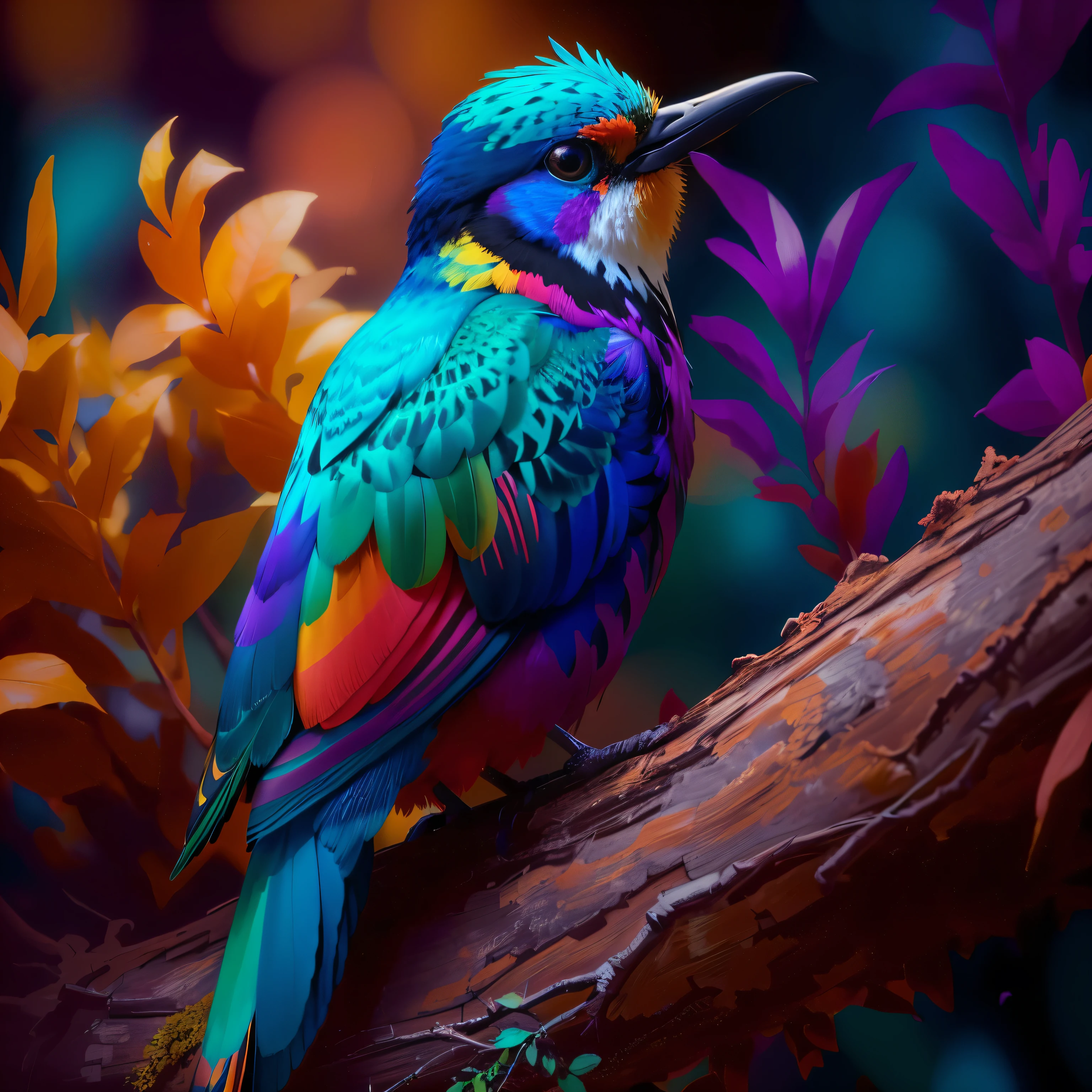 brightly colored bird sitting on a branch with leaves in the background, colorful 8 k, colorful hd picure, beautiful art uhd 4 k, 4k highly detailed digital art, colorful 4k, beautiful and colorful, 8k high quality detailed art, colorful birds, colorful bird with a long, beautiful colorful, 4k detailed digital art, vibrant realistic colors