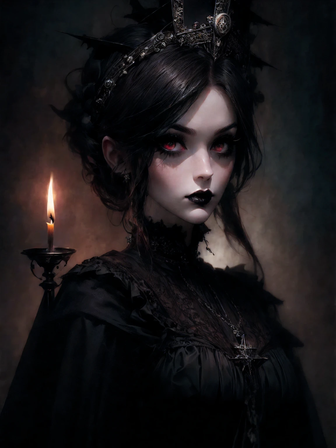 HighestQuali,tmasterpiece:1.2,Detailed details,1 Gothic girl,Black victorian dress,Gorgeous headdress,Bust,Rose flower,crosses,silver ornaments 、redheadwear、blond hair with victorian updo hairstyle 、paleskin、Black lipstick and eye shadow,Accessories include the Cross Medal,Pentagram,crosses,cloaks,shawl,Sexy,chies,a lit candle, portrait