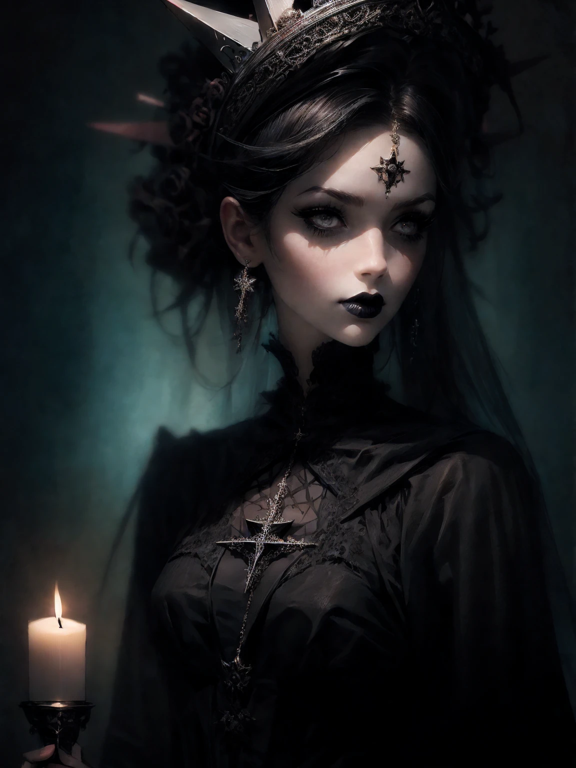 HighestQuali,tmasterpiece:1.2,Detailed details,1 Gothic girl,black eyeshadows,Black wedding dress,,Gorgeous headdress,Bust,fresh flowers,Sexy,chies,a lit candle