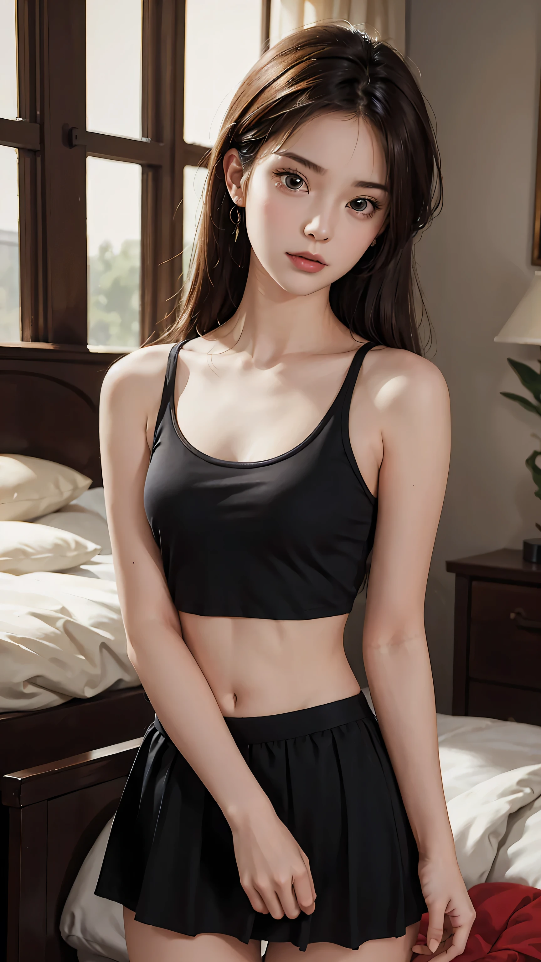 Masterpiece, best quality, super fine, 16k, 17years old, incredibly absurdres, extremely detailed, beautiful woman, amorous and lewd expression, She is wearing a loose-fitting tank top, and mini skirt, superlative body proportion, bedroom,