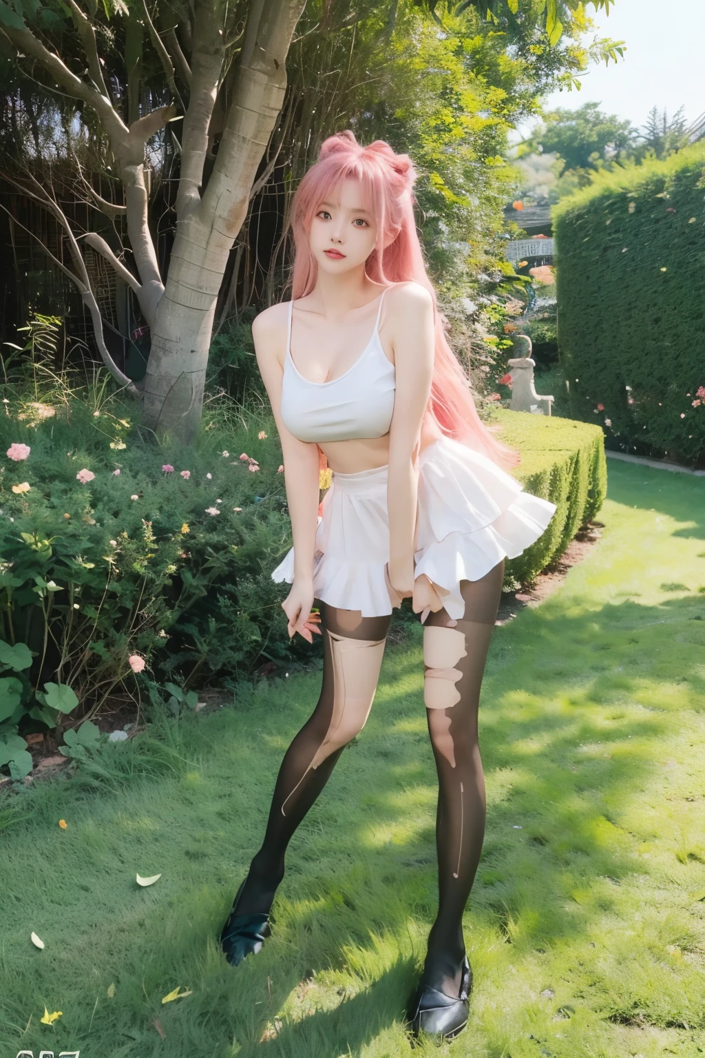 Beautiful woman with perfect body:1.4,Layered Hairstyle,Prominent cleavage,Highly detailed face and skin textures,Double eyelids,Skin Whitening,Long hair,Whitened long legs,Purple Hair,(Tight suspenders,miniskirt,White pantyhose)Stand in the garden