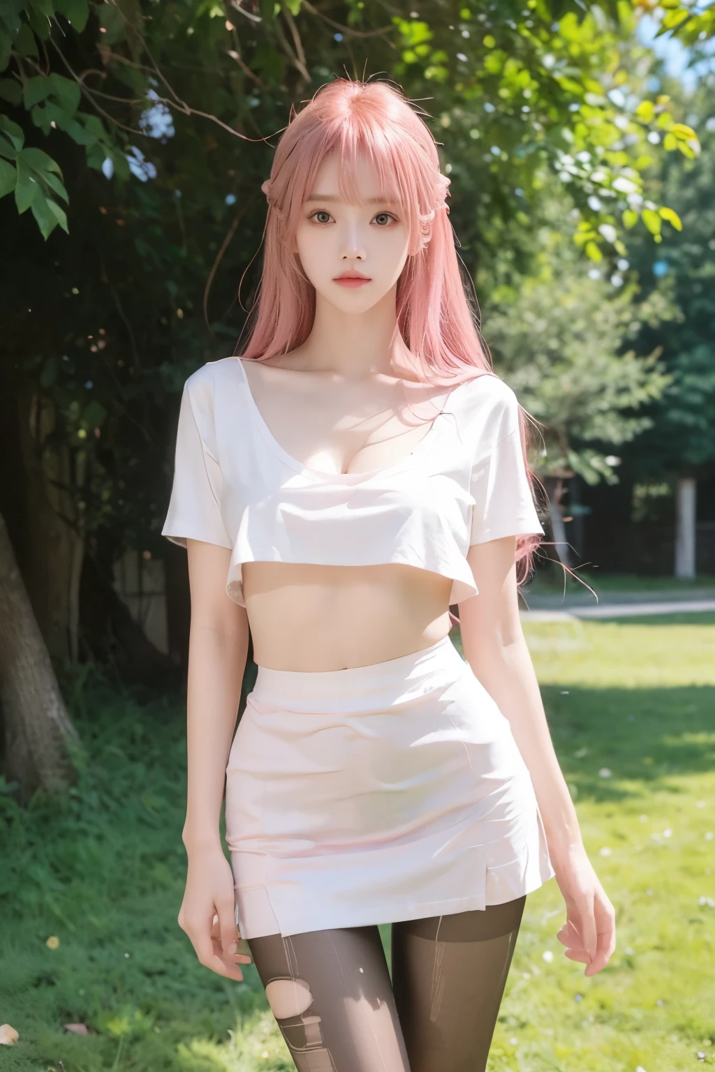 Beautiful woman with perfect body:1.4,Layered Hairstyle,Prominent cleavage,Highly detailed face and skin textures,Double eyelids,Skin Whitening,Long hair,Whitened long legs,Pink Hair,(Tight T-shirt,miniskirt,Black pantyhose)Standing on the grass