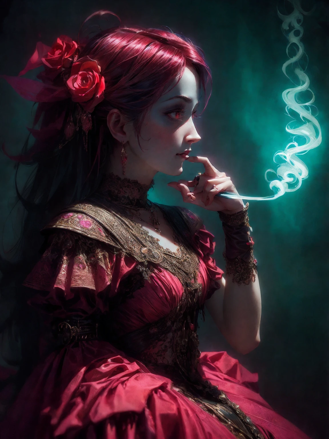 HighestQuali,tmasterpiece:1.2,Detailed details,4k realistic Roman mythology, Kizi, Halloween dress up,Steampunk Gothic Victorian style, deep colour, psychology, surrealism, Sublimation, subconscious, Emotions, enthusiasm, In pink、White and red details, rose flower background,Green smoke from hair, Blue smoke background, Soft red and blue light, portrait