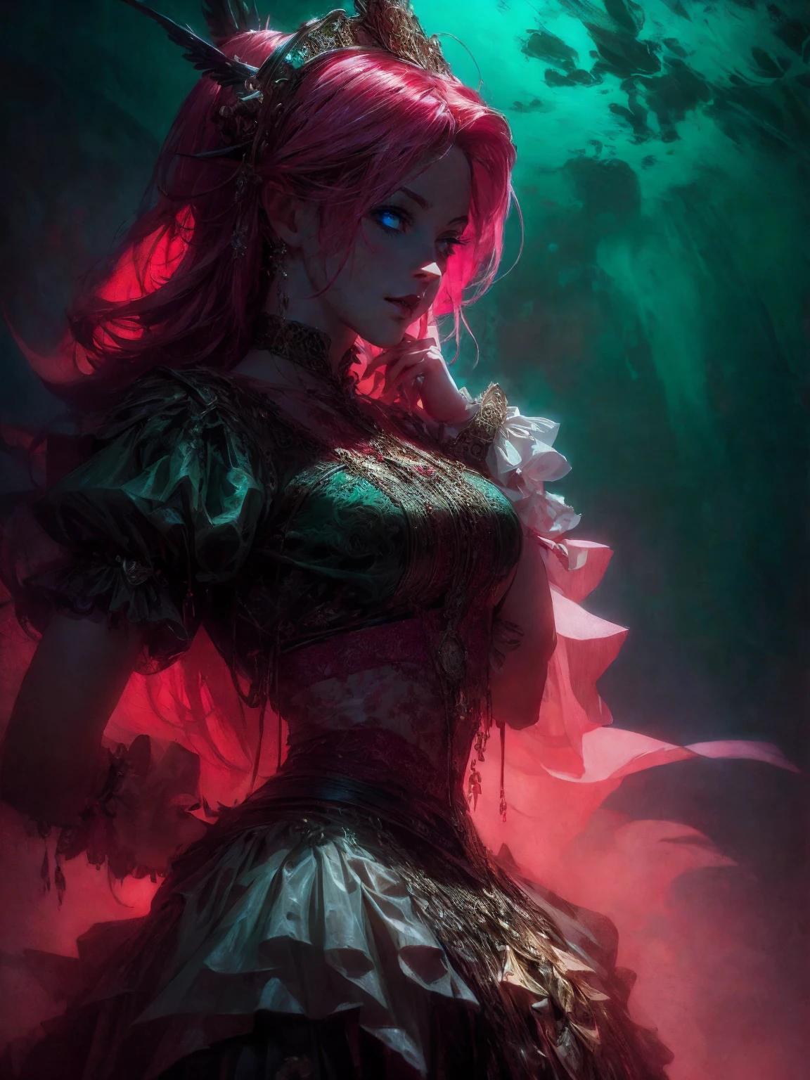 HighestQuali,tmasterpiece:1.2,Detailed details,4k realistic Roman mythology, Kizi, Halloween dress up,Steampunk Gothic Victorian style, deep colour, psychology, surrealism, Sublimation, subconscious, Emotions, enthusiasm, In pink、White and red details, rose flower background,Green smoke from hair, Blue smoke background, Soft red and blue light, portrait
