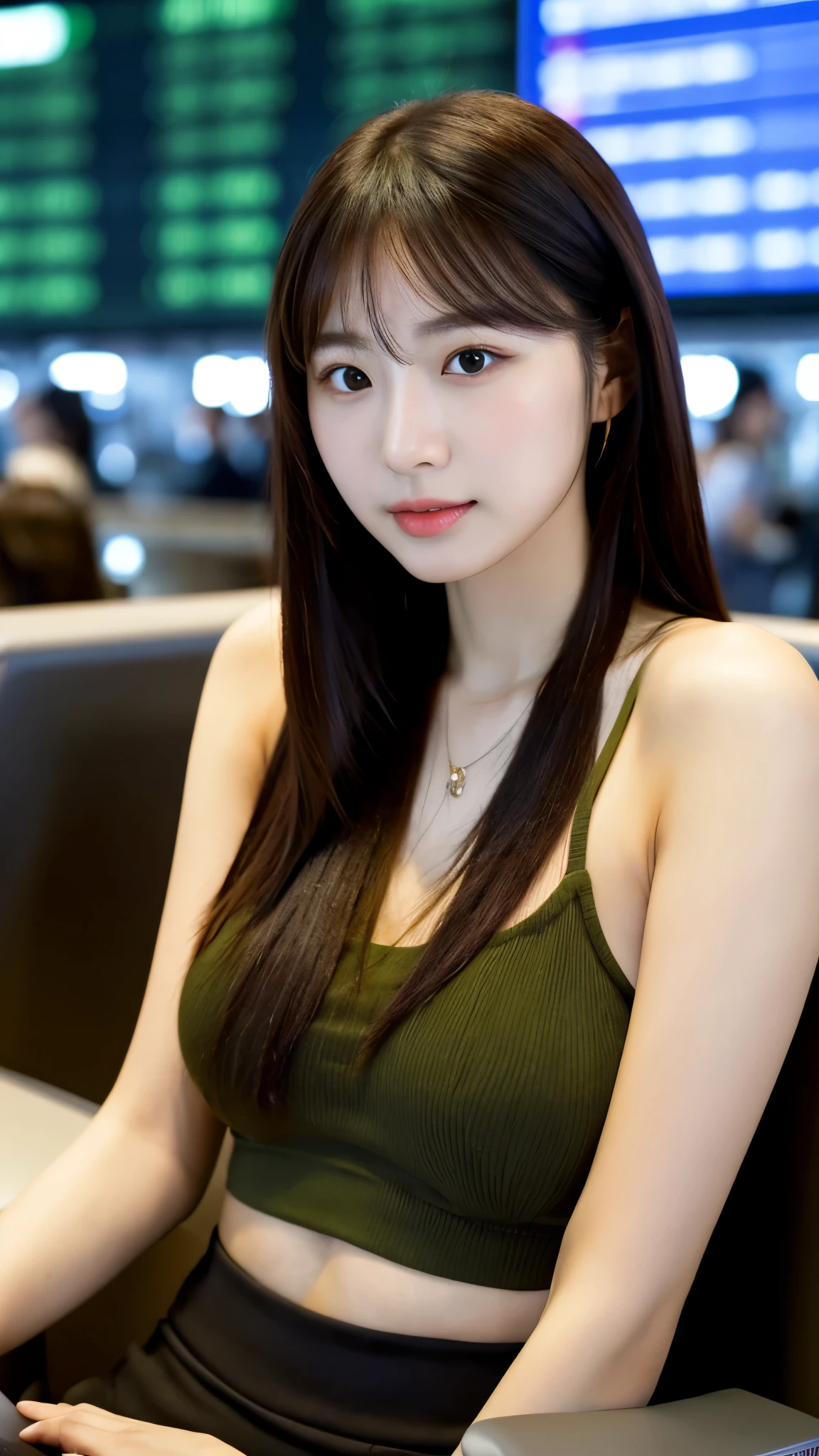 close-up of beautiful korean female, straight hair, 34 inch breasts size, wearing fitting tank top, sitting in terminal lounge, bokeh background, UHD