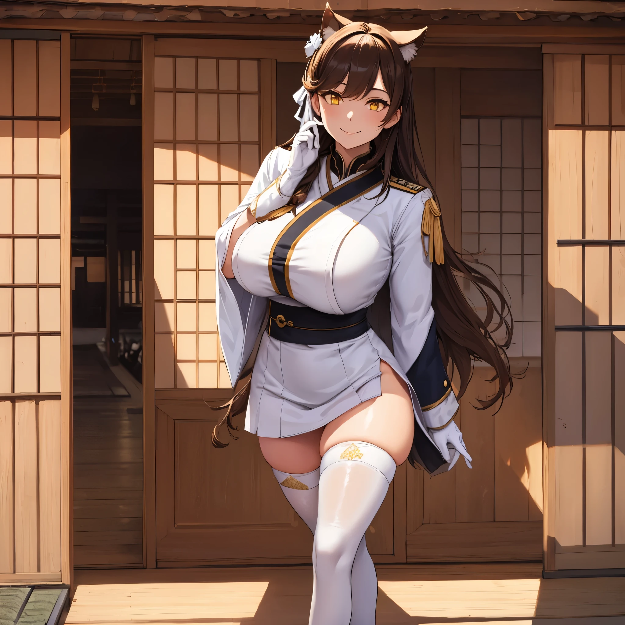 A woman wearing a white female military uniform with gold details, exposed thigh, long maroom stockings, white heels, golden medal, white gloves, big breasts, yellow eyes, very dark brown hair, long hair, long neko ears, smiling, walking on a Japanese platform, with views of traditional Japanese houses, full length, anime style, sparkle, drop shadow, bloom, UHD, masterpiece, ccurate, anatomically correct, textured skin, super detail, high quality, best quality, 8k, highres
