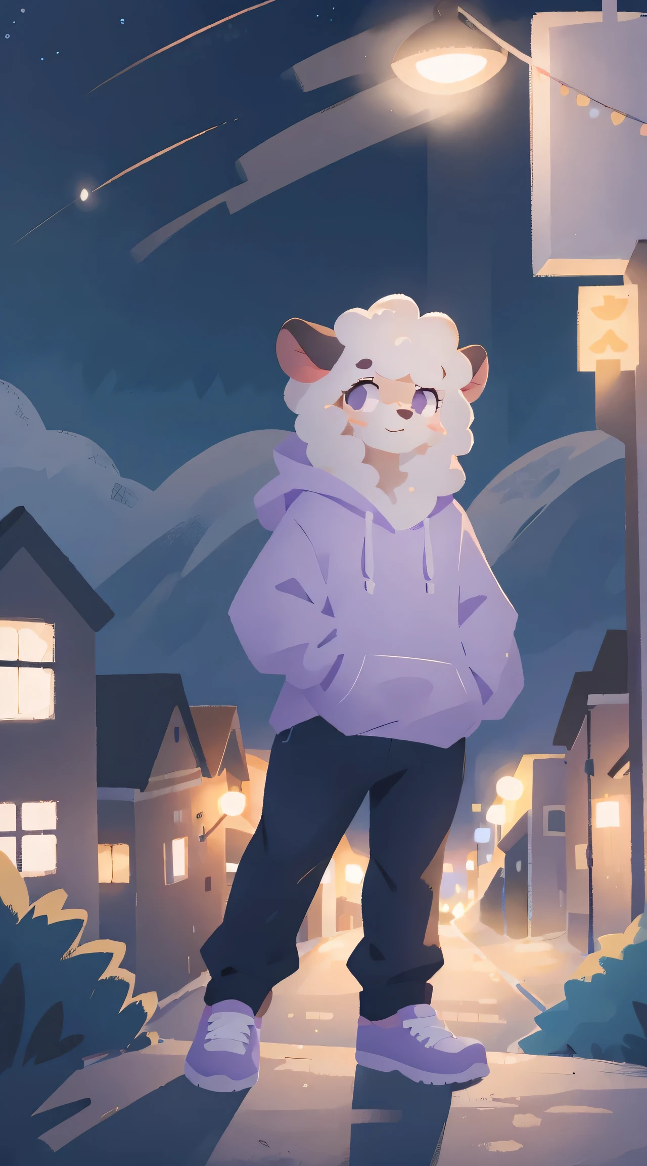 a full body focus, anthropomorphic adult sheep wearing a light purple hoodie and showing large fluffy fur coming out of the neck, pants, cute face, posing for a picture in a hill at night with a city in the far distance
