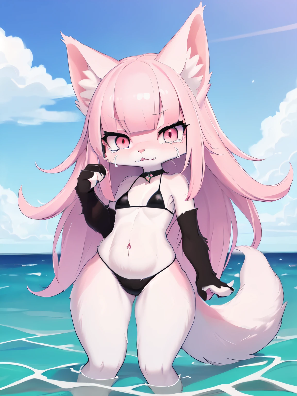 (a young black female wolf furry with pink fur on belly&limb's edge&jaw), white fur, cat-like face,white fur on jaw , pink fur on belly, white fur on limb's edge, long pink hair, straight bangs, pink eyes, tummy, fang, light blue bikini, in sea shore,chibi,, angry, crying