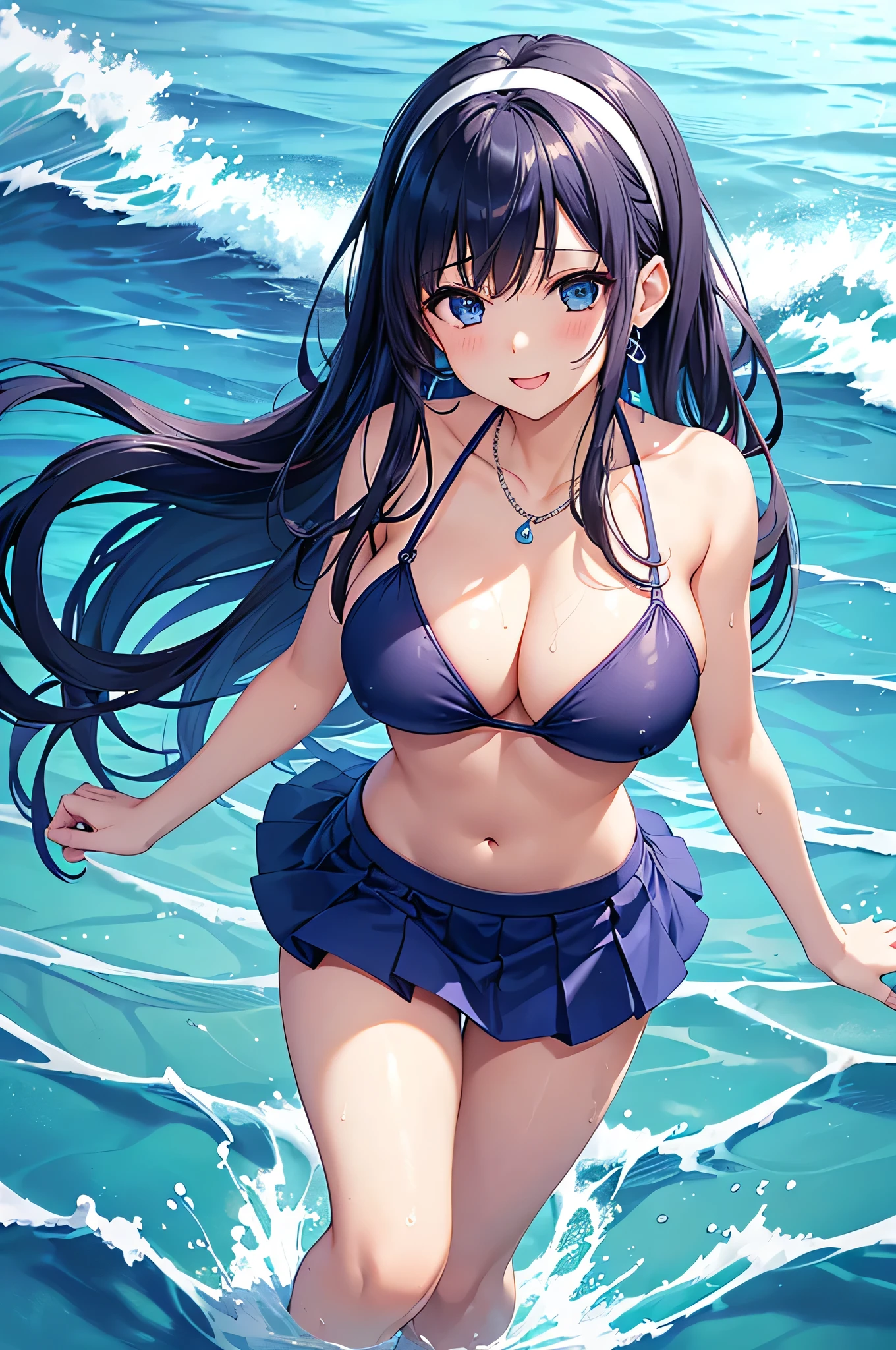 highest quality、Highest quality、masterpiece、beautiful girl、((1 female:1.5))、Navy blue long hair、blue eyes、Sexy bikini in dark blue、Big cleavage、(Big Breasts),smile、necklace、Blue earrings、situation(Swimming in the sea、Waveless ocean:1.3)、Open your mouth wide、Navy blue short skirt、white headband、Standing and immersing your feet in seawater up to your thighs、super close range、Emphasize the chest