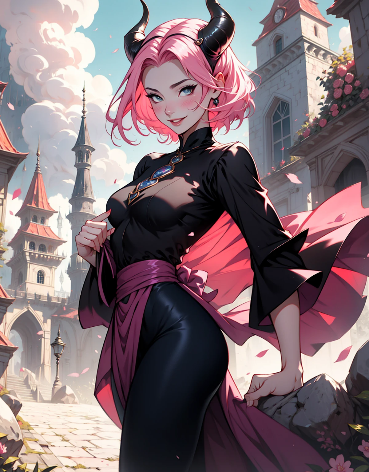 1 mulher, dressed up as maleficent, strong emotions, sakura, cabelo curto, (cabelo rosa!!) , luz, foco, como malevola, corpo inteiro, horns on head, solo, magia ao seu redor, she is in front of a castle,(leggings and black blouse),  from head to toe ((corpo inteiro!!!), maligna, rosto perverso, sorriso maligno