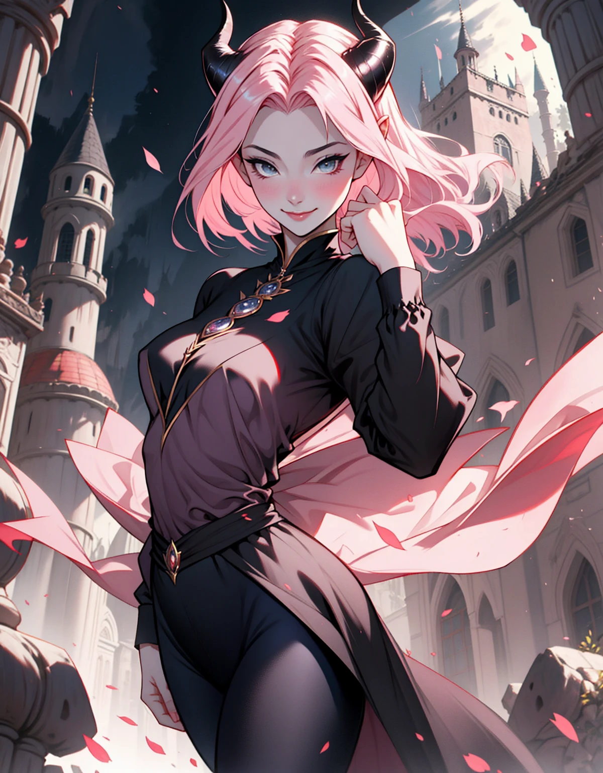 1 mulher, dressed up as maleficent, strong emotions, sakura, cabelo curto, (cabelo rosa!!) , luz, foco, como malevola, corpo inteiro, horns on head, solo, magia ao seu redor, she is in front of a castle,(leggings and black blouse), from head to toe ((corpo inteiro!!!), maligna, rosto perverso, sorriso maligno