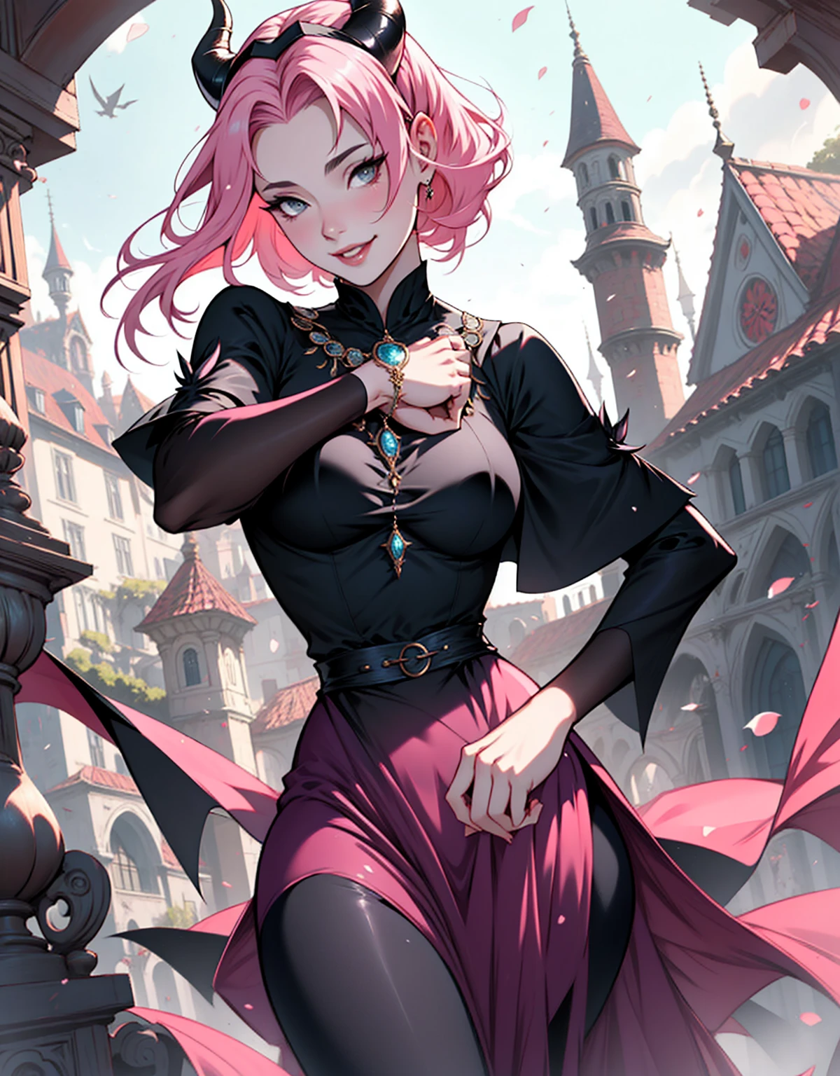 1 mulher, dressed up as maleficent, strong emotions, sakura, cabelo curto, (cabelo rosa!!) , luz, foco, como malevola, corpo inteiro, horns on head, solo, magia ao seu redor, she is in front of a castle,(leggings and black blouse), from head to toe ((corpo inteiro!!!), maligna, rosto perverso, sorriso maligno