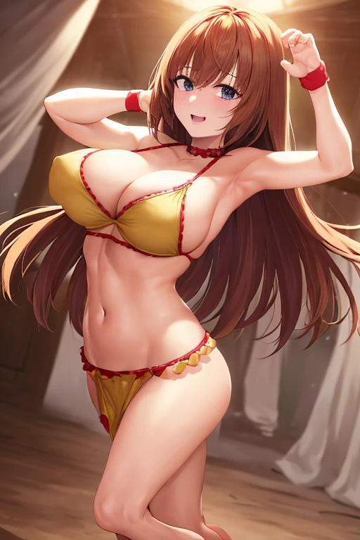 masterpiece, best quality, beautiful art, high resolution, well formed hands, body and fingers, 1 woman, solo, Yotsuba Nakano, long hair, adult, grown up big breasted, cleavage, full body, , wearing a Mata Hari outfit, sexy and skimpy arabian belly dancer outfit, sexy arabian belly dancer, hair ribbon, gorgeous legs and thighs, she is fighting in a combat match at a martial arts tournament, she is getting ready to fight, making her guard pose, action and fighting scene, about to hit the viewer, looking at the viewer, sweating , feeling confident and proud, smiling joyfully and happily, charming her opponent with her beauty, bouncing breasts, fighting scene, martial arts tournament on the beach