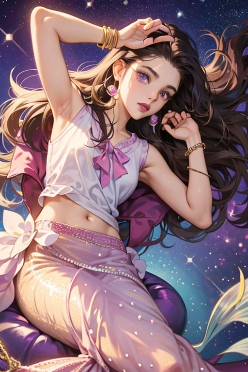 Lorelai has long, brown hair that she generally styles in dreadlocks, dark skin, purple eyes and wears red lipstick, pearl earrings and a magical mermaid bracelet on her left wrist.

Her normal attire consists of a white elbow-length shirt with a pink sleeveless vest over it that has yellow and purple accents on the bottom, purple trousers and yellow shoes. She also wears her magical mermaid bracelet on her left wrist.  SPARKLE; GLITTER