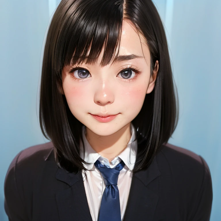 (kawaii 24 year-old Japanese girl, Nogizaka idol, Korean idol), (glossy hair, very short hair, bangs:1.3), (beautiful black eyes, rounded face, single eyelid, no makeup, naughty AND noseblush, almost closed eyes, half opened mouth:1.3), (wearing suit jacket, collared shirt, necktie:1.3), (extra small breasts:0.9), (looking at camera:1.3), BREAK, (simple blue background:1.3), (view from forward, bust shot:1.3), BREAK, (masterpiece, best quality, photo realistic, official art:1.4), (UHD, 8K quality wallpaper, high resolution, raw photo, golden ratio:1.3), (shiny skin), professional lighting, physically based rendering, award winning, (highly detailed skin, extremely detailed face and eyes), Carl Zeiss 85 mm F/1.4, depth of field, 1girl, solo,