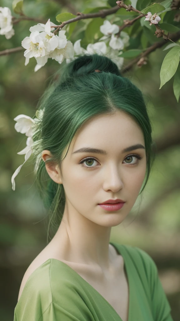 beautiful plant girl，Tree God，Green hair，With branches and leaves，Clear and refined face，（Close-up of the face），wearing leaf clothes，The background is forest，tmasterpiece，illustration